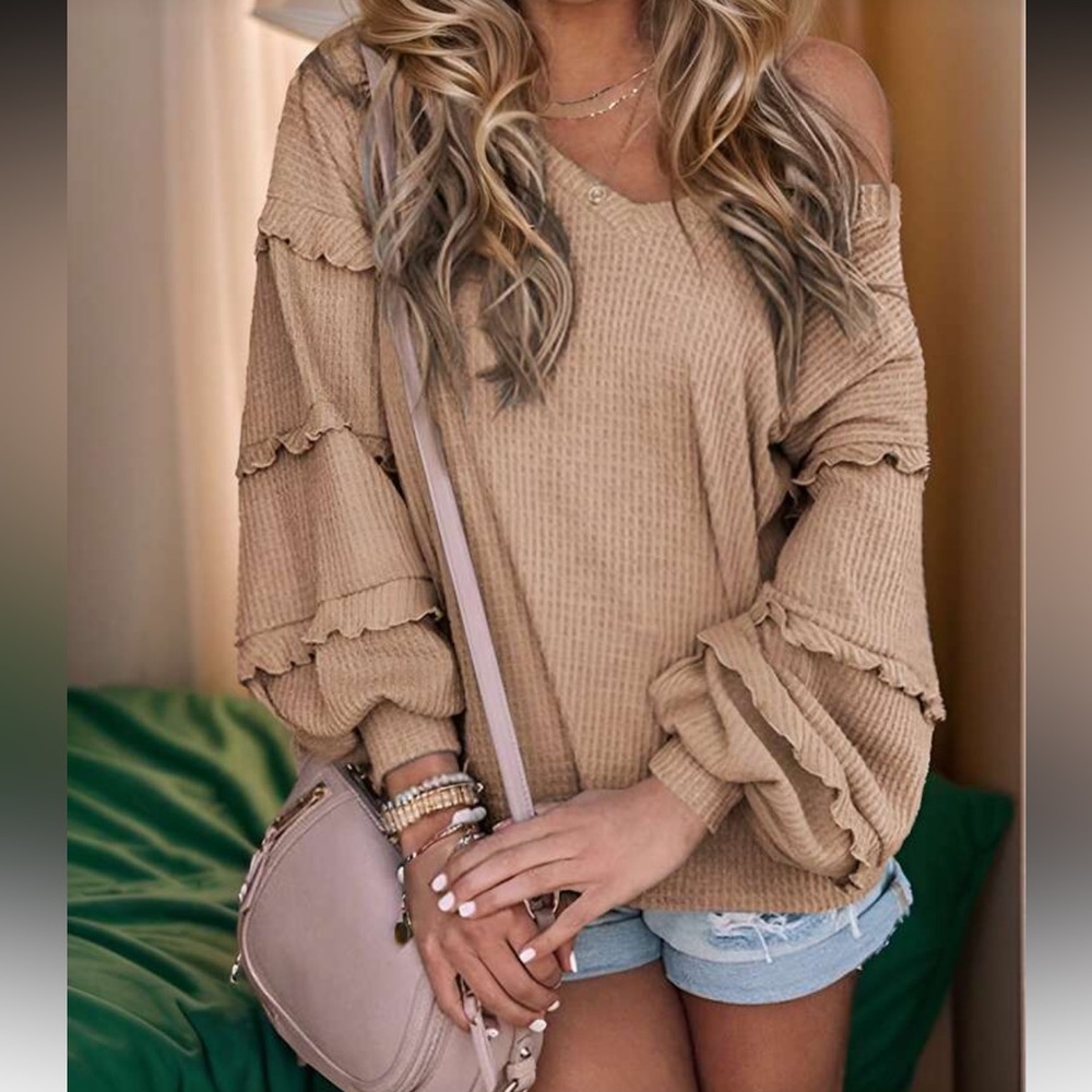 Khaki Waffle Knit Balloon Sleeve Off-Shoulder Top